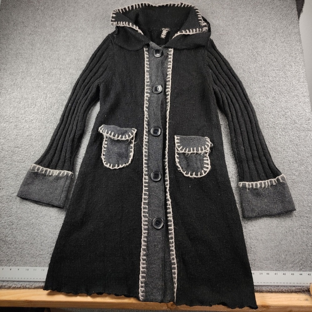 Cupio Black Mohair Wool Blend Longline Cardigan XL Sweater Blanket Stitch Boho